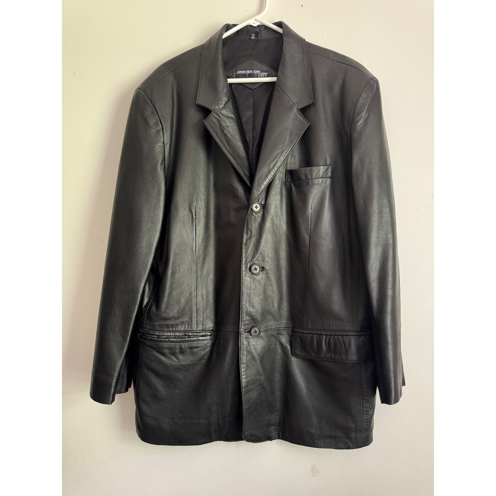 Vintage Jones New York City Black Leather Blazer Jacket Mens 44R 3-Button Coat